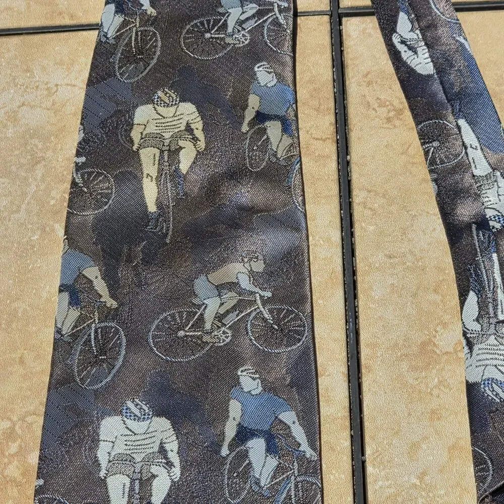 Vintage Dino Orsini Men's Necktie - Dark Grey Novelty Cyclist Bicycle Print Tie